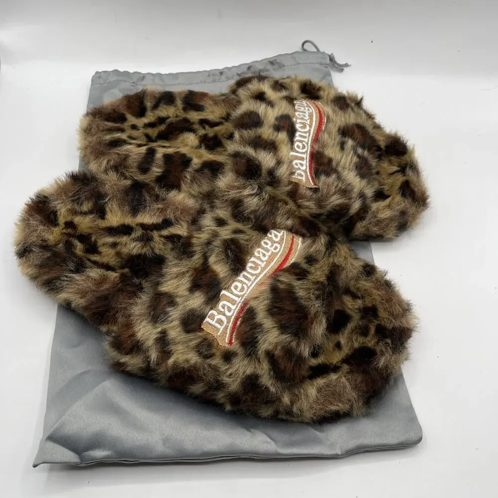 Balenciaga Men's Sz EUR 41 Leopard Animal Print Faux Fur Logo Slide Sandals